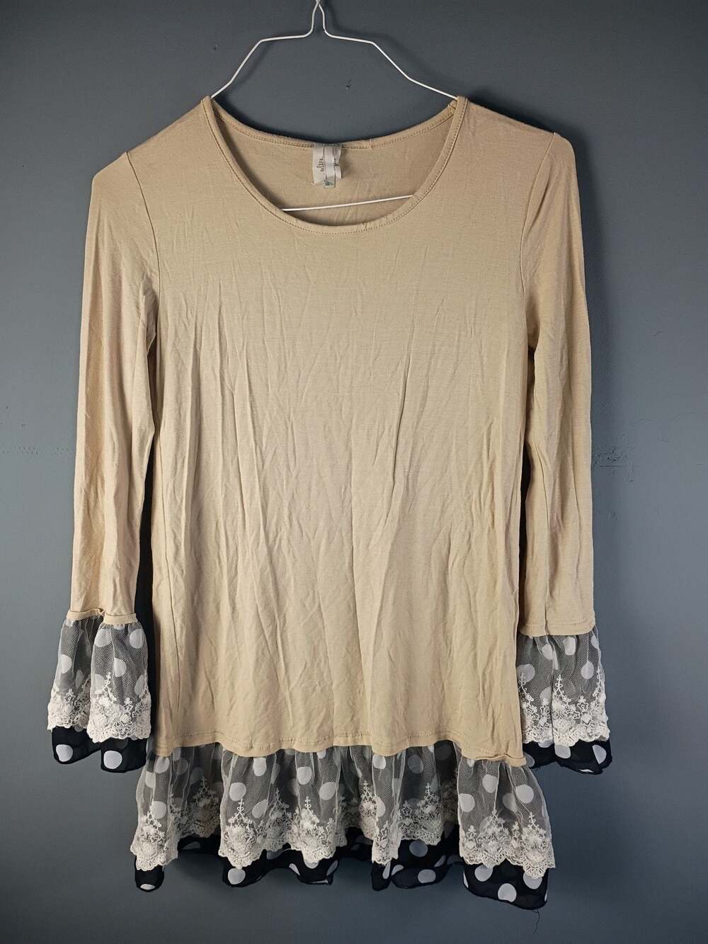 Bellamie Beige Long Sleeve Tunic Top with Polka Dot Lace Trim